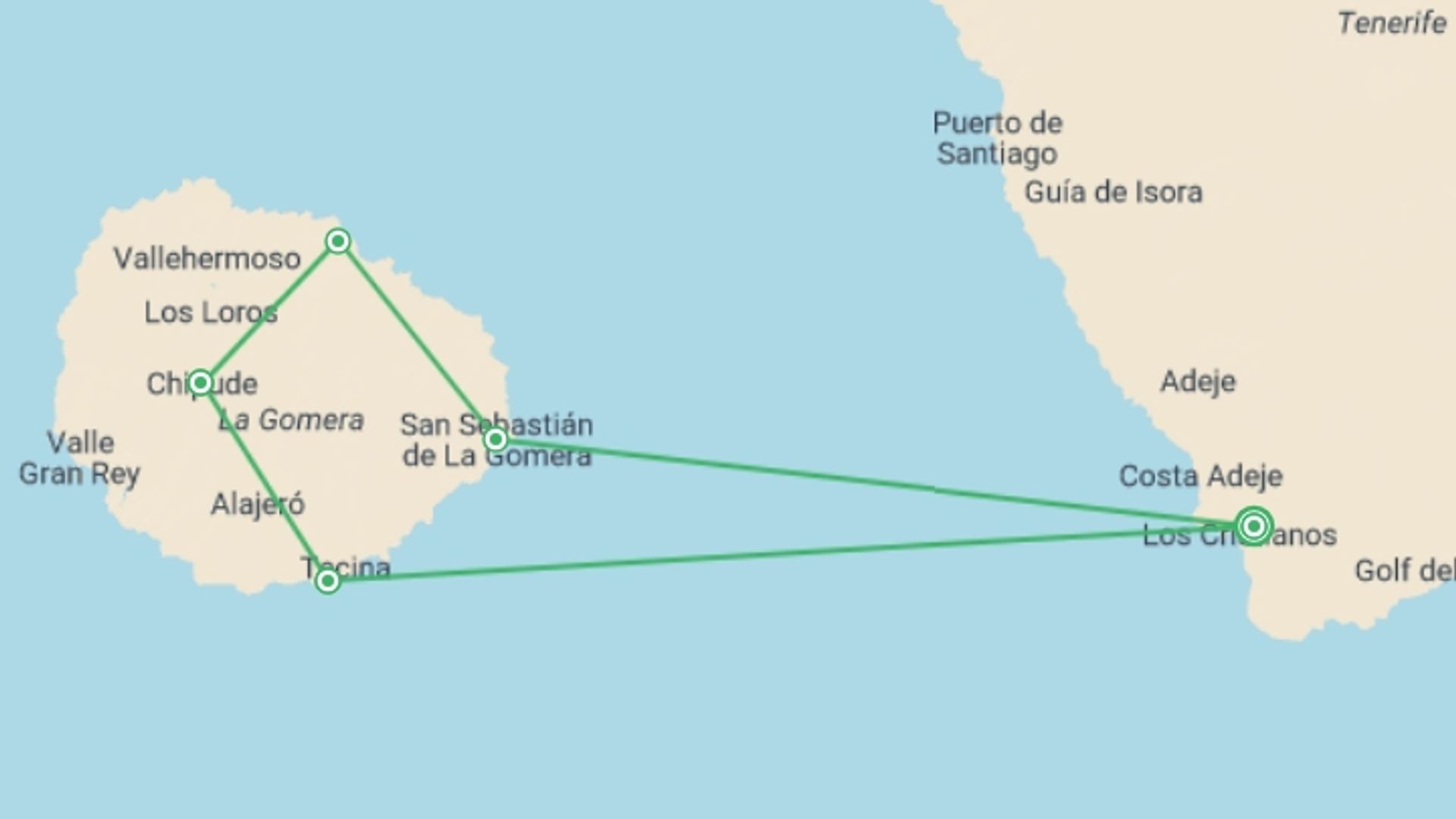 A map showing the tour itinerary for the trip: Exploring La Gomera - 8 Days, starting in Los Cristianos , Tenerife, Spain and ending in Los Cristianos , Tenerife, Spain going through 5 other destinations.