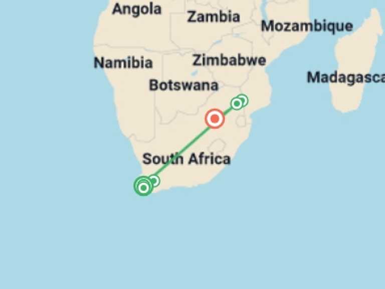 Map itinerary of South Africa Tour in Spring with 6 destination visits for the trip: Cape, Winelands & Kruger - 11 days