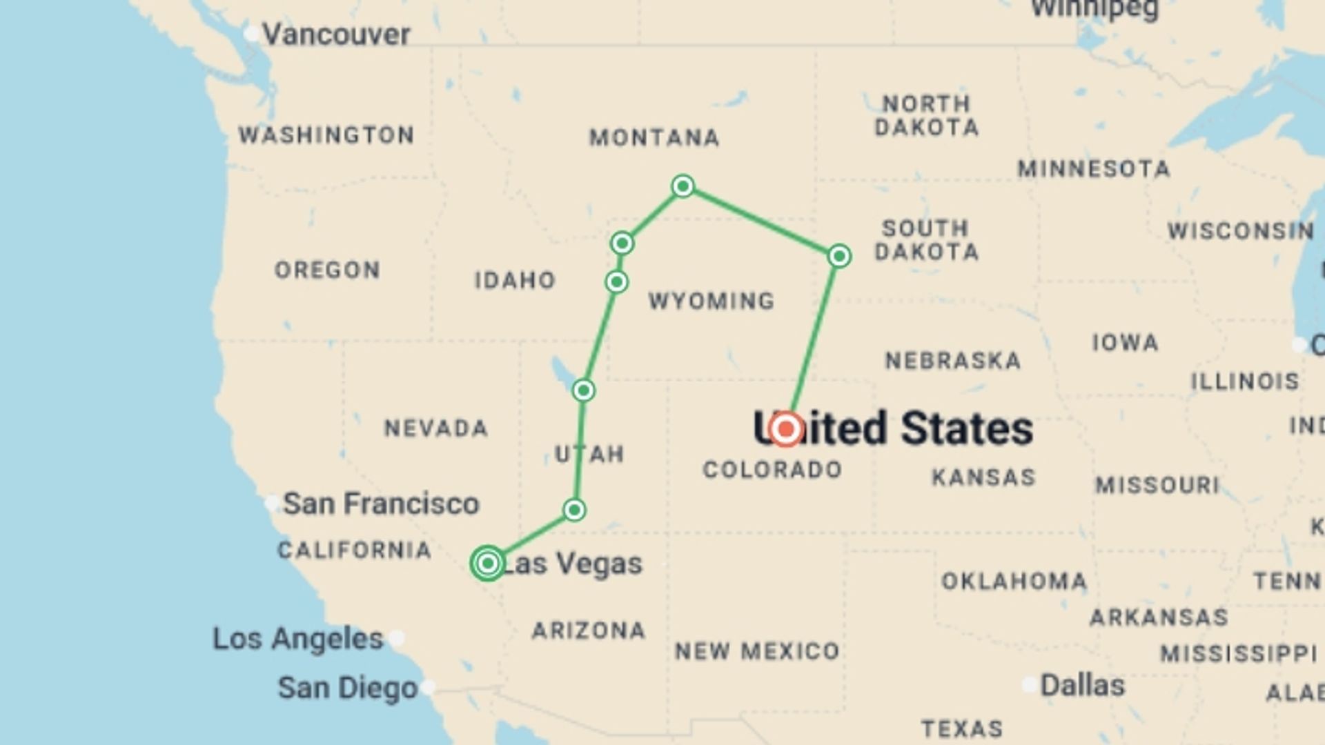 A map showing the tour itinerary for the trip: Western Frontiers, starting in Las Vegas, USA and ending in Denver, USA going through 6 other destinations.
