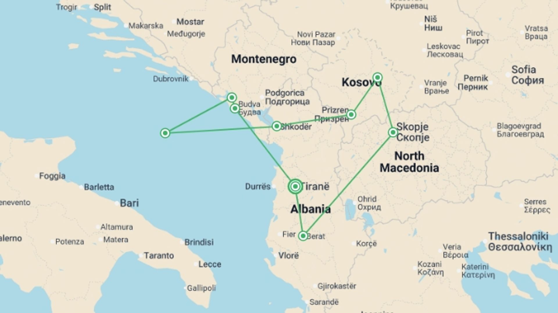 A map showing the tour itinerary for the trip: Albania, Kosovo & Macedonia - 5 days, starting in Tirana, Albania and ending in Tirana, Albania going through 4 other destinations.