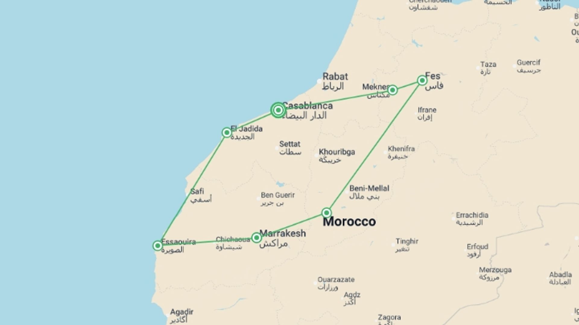A map showing the tour itinerary for the trip: Imperial Cities and Moroccan Atlantic, starting in Casablanca, Morocco and ending in Casablanca, Morocco going through 6 other destinations.