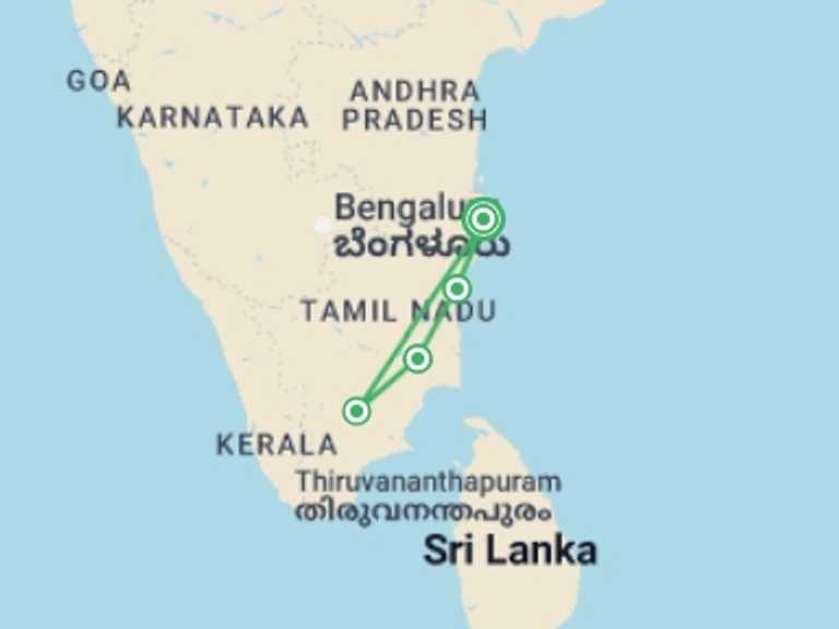 Map itinerary of Chennai Tour in September 2025 with 4 destination visits for the trip: Temples & Spices