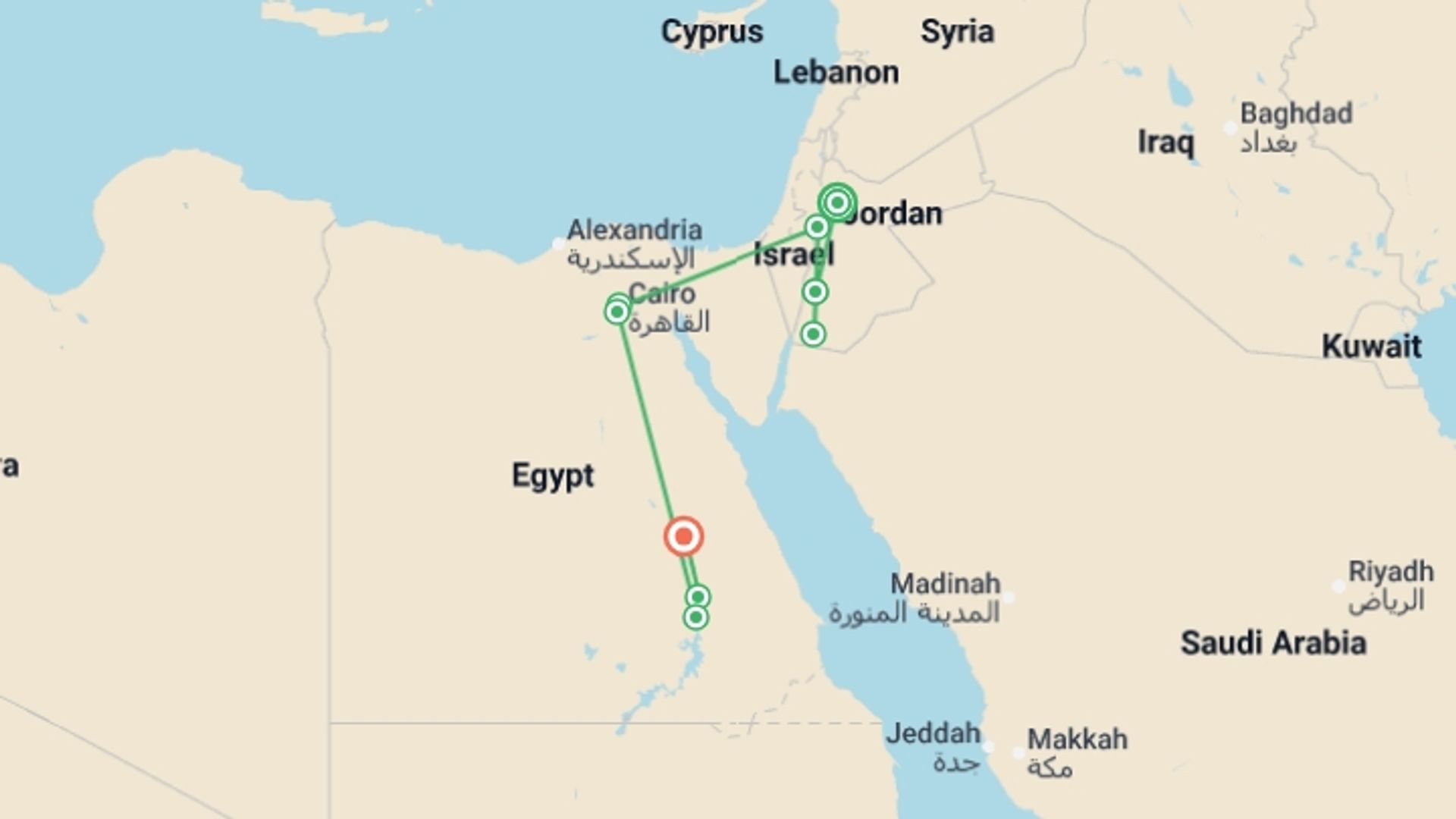 A map showing the tour itinerary for the trip: Jordan & Egypt: Desert Sands & Ancient Wonders, starting in Amman, Jordan and ending in Luxor, Egypt going through 7 other destinations.