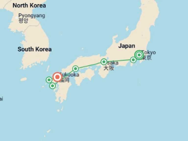 Map itinerary of Asia Tour in November 2026 with 7 destination visits for the trip: Japan In Depth - Footsteps of the Shogun
