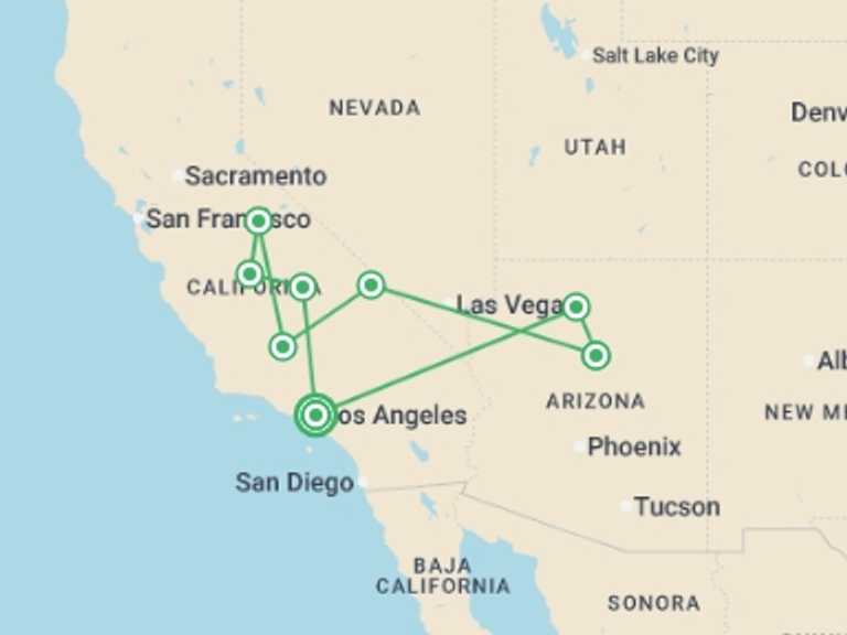 Map itinerary of USA Tour in December 2026 with 4 destination visits for the trip: Los Angeles, Las Vegas with National Parks