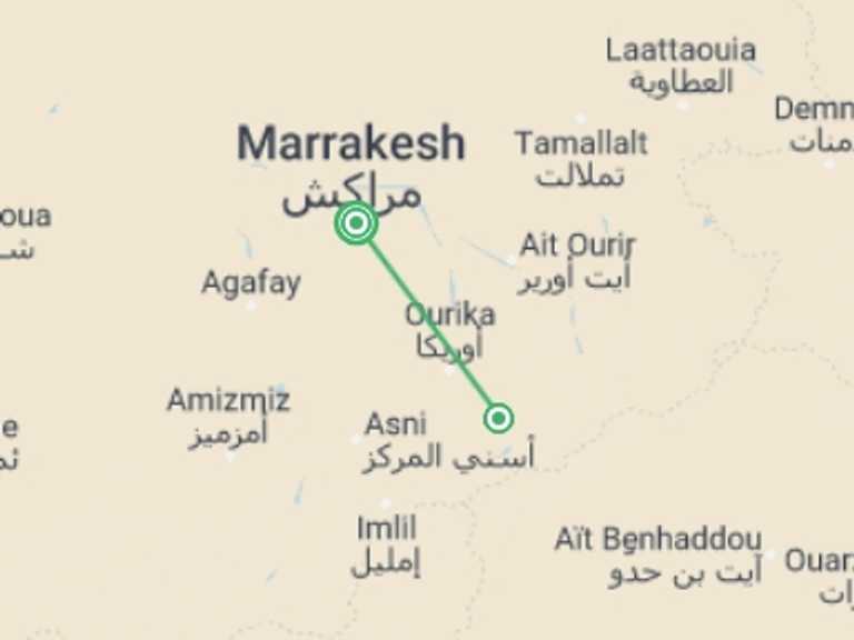 Map itinerary of Marrakech Tour in May 2027 with 2 destination visits for the trip: Local Living Morocco–Atlas Mountains