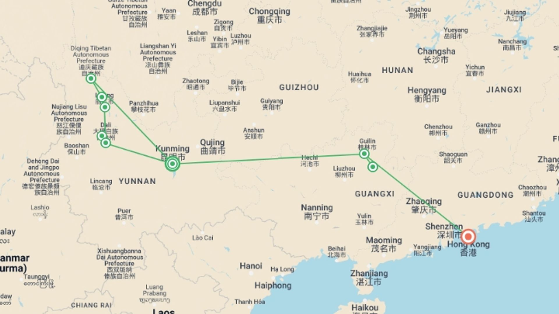 A map showing the tour itinerary for the trip: Essence of Southwestern China, starting in Kunming, China and ending in Hong Kong, Hong Kong going through 5 other destinations.