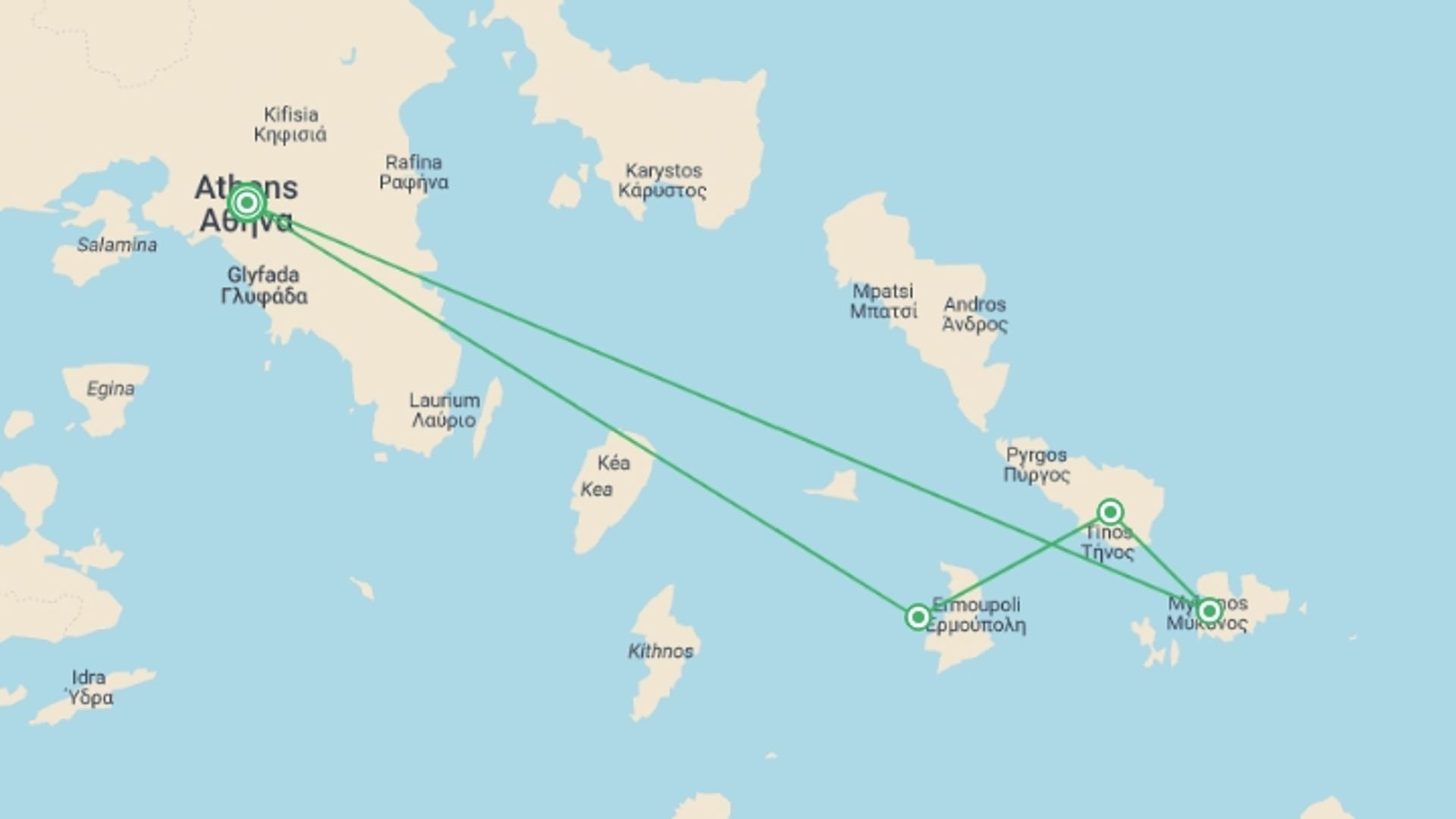 A map showing the tour itinerary for the trip: Syros, Tinos & Mykonos Island Hopping 7D/6N, starting in Athens, Greece and ending in Athens, Greece going through 3 other destinations.