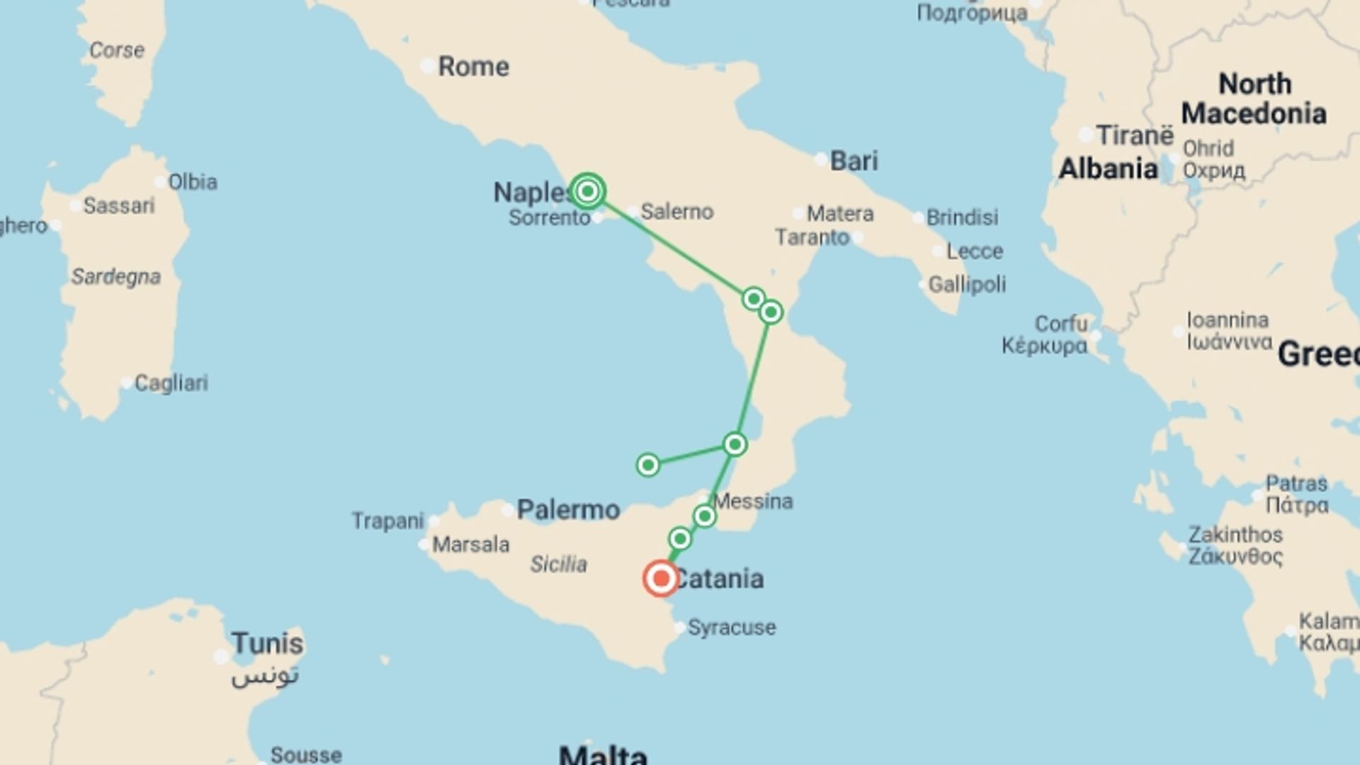A map showing the tour itinerary for the trip: Calabria: Naples to Catania, starting in Naples, Italy and ending in Catania, Italy going through 5 other destinations.