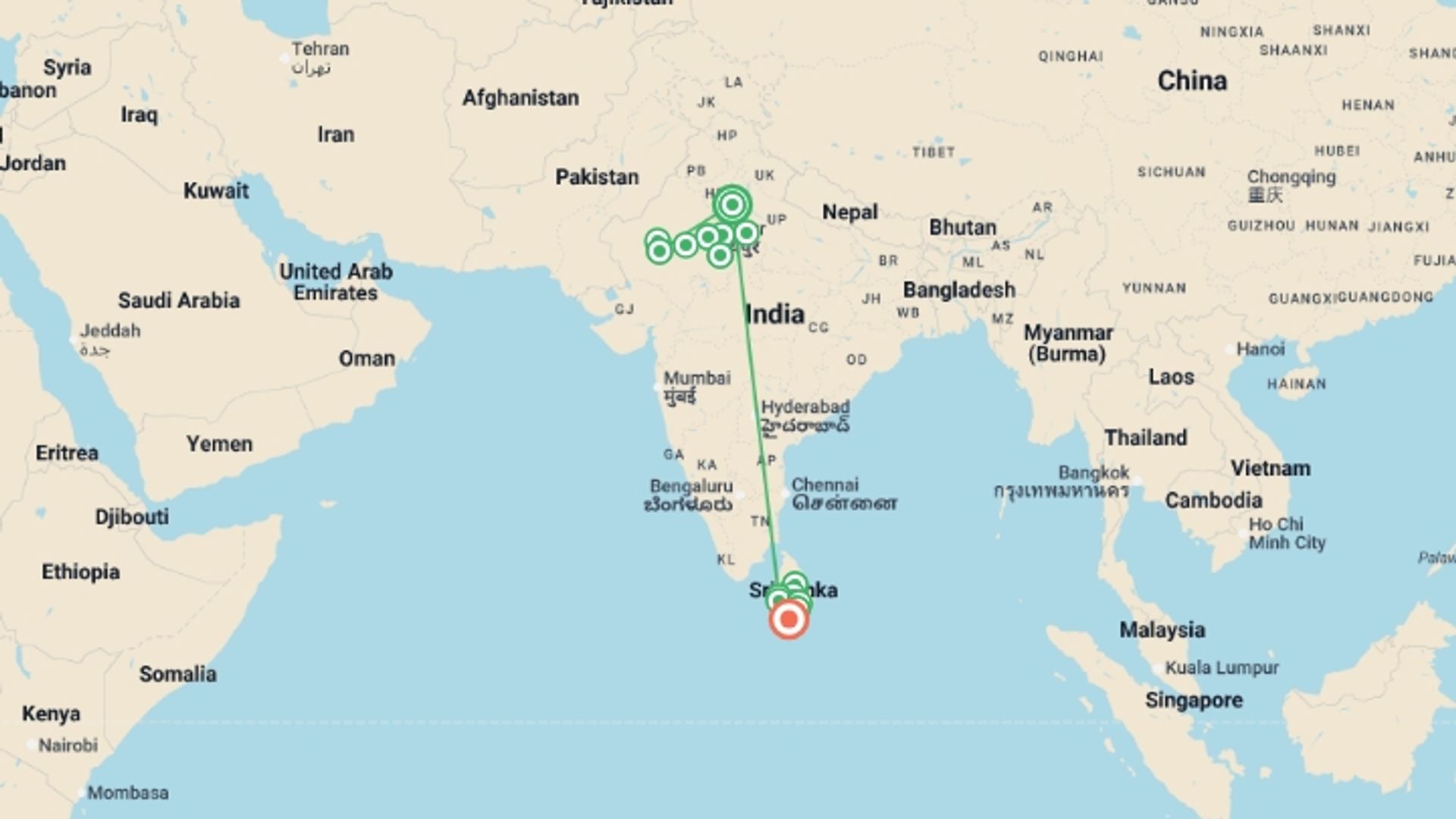A map showing the tour itinerary for the trip: North India & Sri Lanka Adventure  - 24 days, starting in New Delhi, India and ending in Mirissa, Sri Lanka going through 12 other destinations.