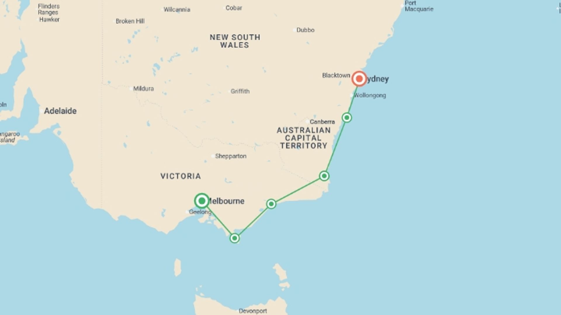 A map showing the tour itinerary for the trip: Melbourne to Sydney Adventure, starting in Melbourne, Australia and ending in Sydney, Australia going through 4 other destinations.