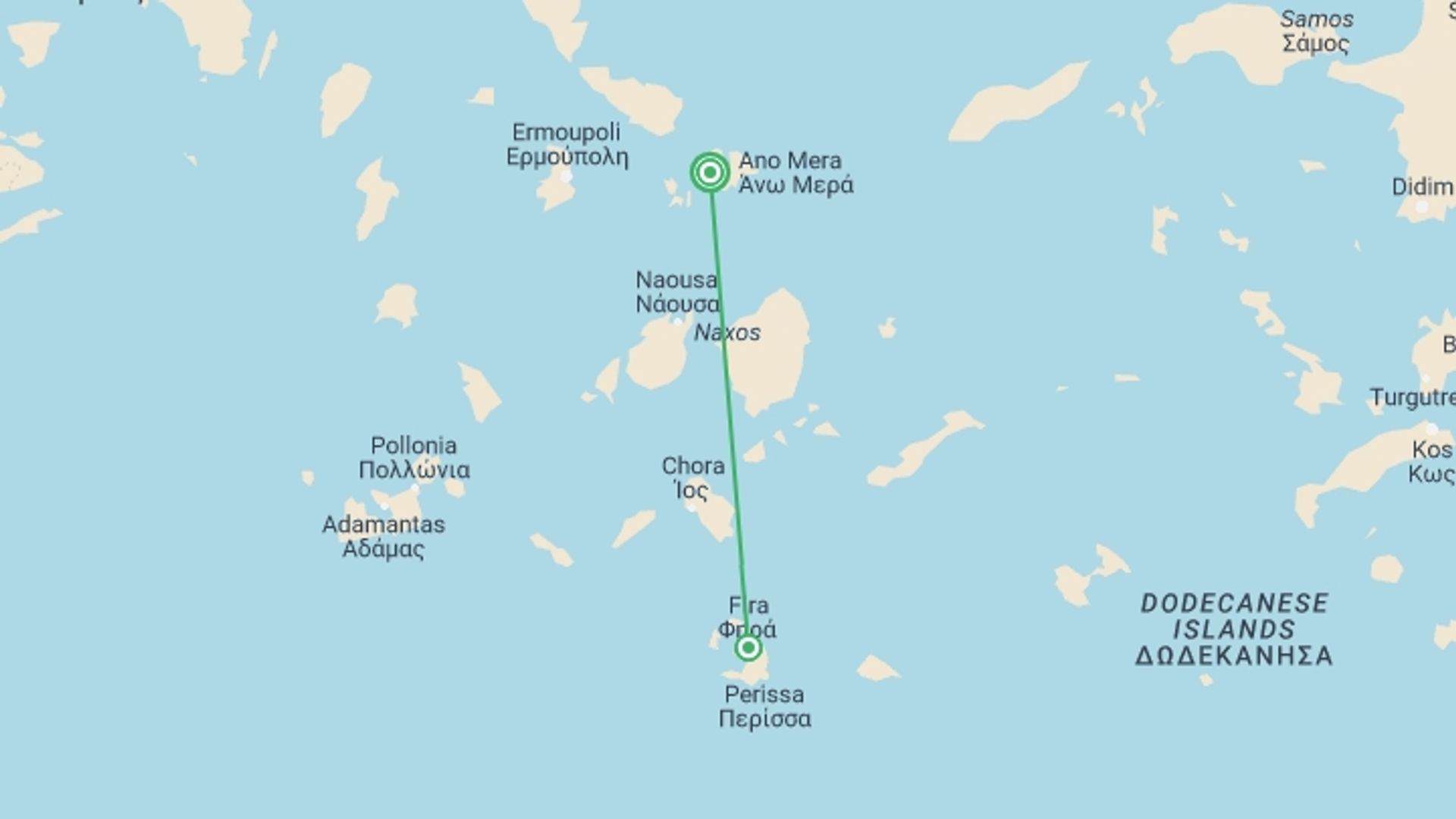 A map showing the tour itinerary for the trip: Island Hopping, The Cyclades Gems: Mykonos, Santorini, starting in Mykonos, Greece and ending in Mykonos, Greece going through 1 other destinations.