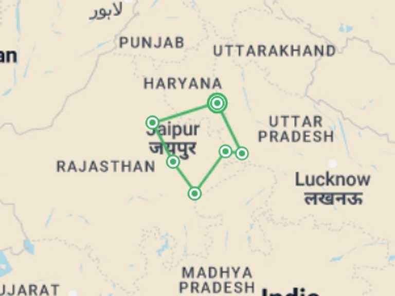 Map itinerary of India Tour in September 2027 with 6 destination visits for the trip: Rustic Rajasthan