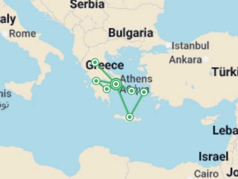 Map itinerary of Mediterranean Tour in October 2026 with 7 destination visits for the trip: Complete Greece and the Beautiful Aegean Int