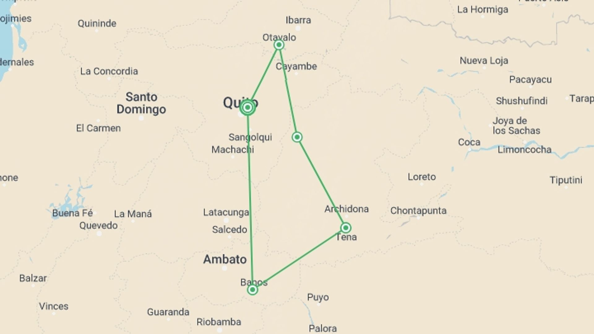 A map showing the tour itinerary for the trip: Journeys: Ecuador’s Amazon and Volcanoes, starting in Quito, Ecuador and ending in Quito, Ecuador going through 5 other destinations.
