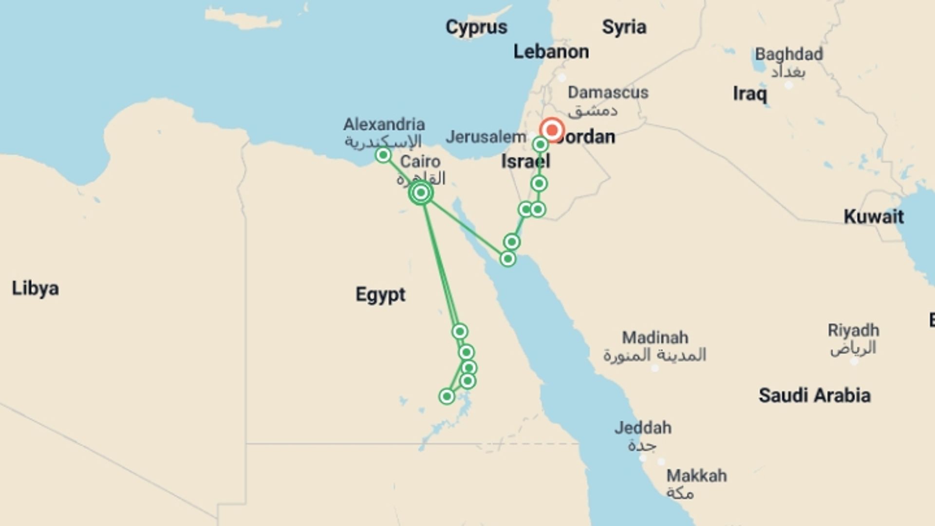 A map showing the tour itinerary for the trip: Amazing Egypt & Jordan (5 & 4 Star Hotels), starting in Cairo, Egypt and ending in Amman, Jordan going through 6 other destinations.