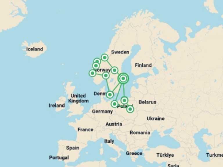 Map of 15-Day Europe Tour with 12 destination visits for the trip: Legendary Fjords and Northern Poland ROT
