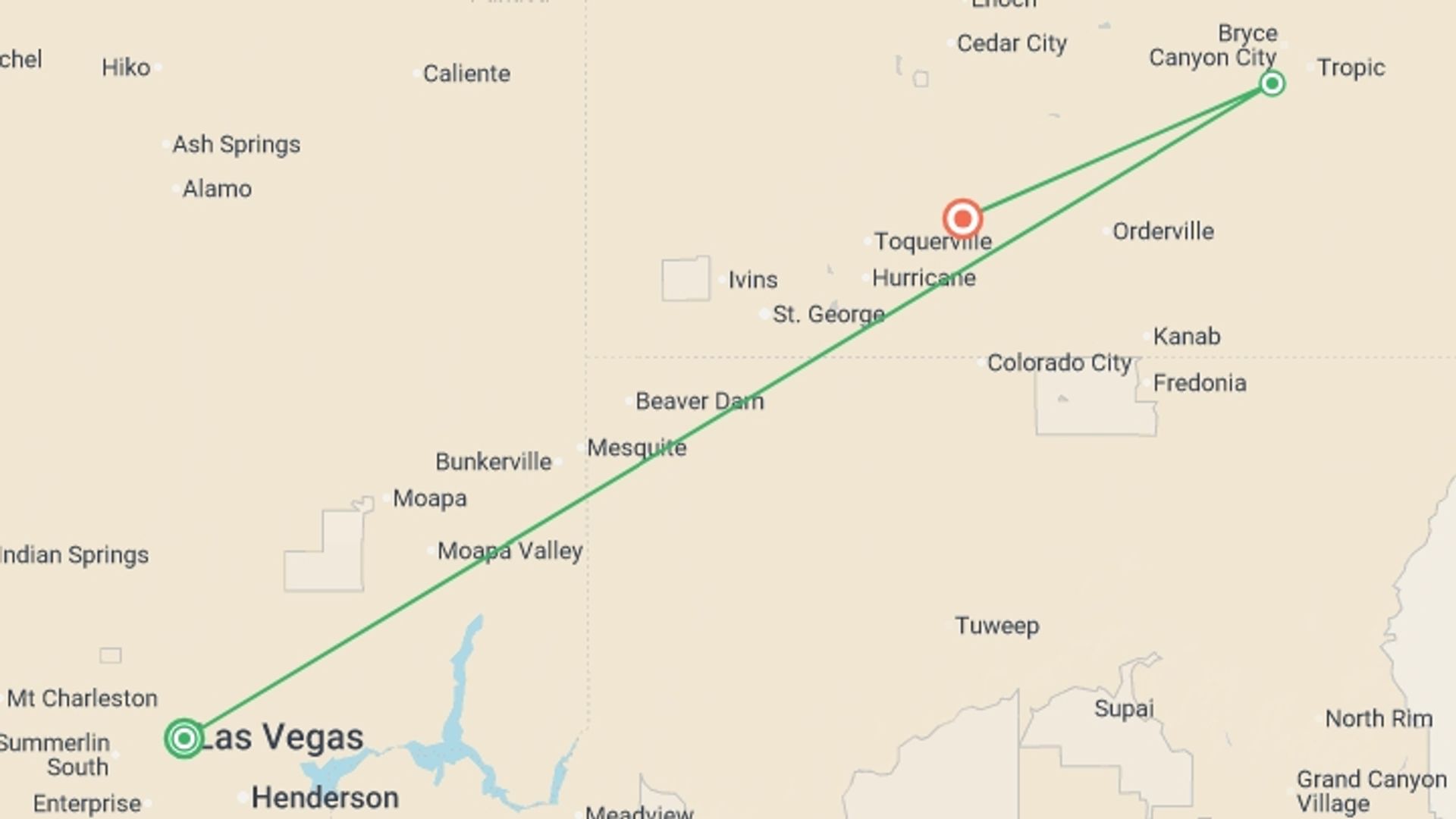 A map showing the tour itinerary for the trip: Grand Canyon Express - 3 days, starting in Las Vegas, USA and ending in Zion National Park, USA going through 1 other destinations.