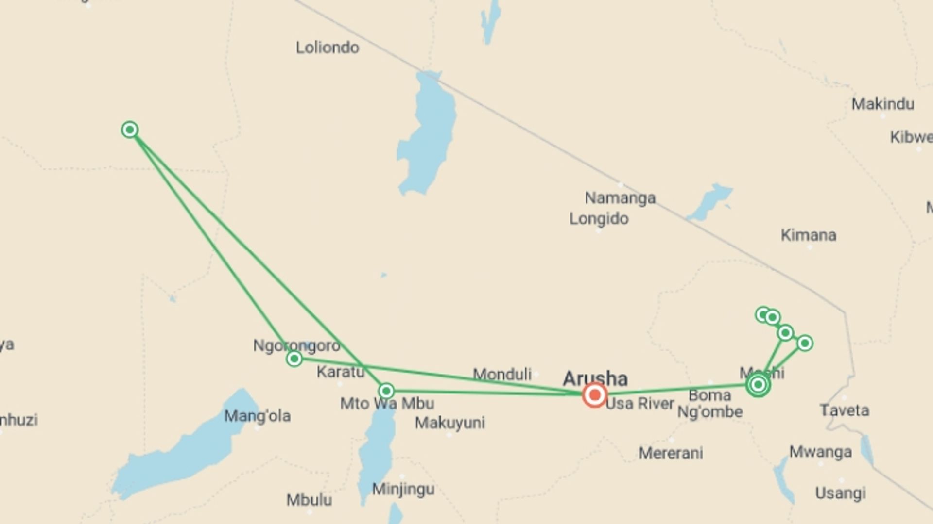 A map showing the tour itinerary for the trip: Kilimanjaro - Marangu Route & Serengeti Adventure, starting in Moshi, Tanzania and ending in Arusha, Tanzania going through 7 other destinations.