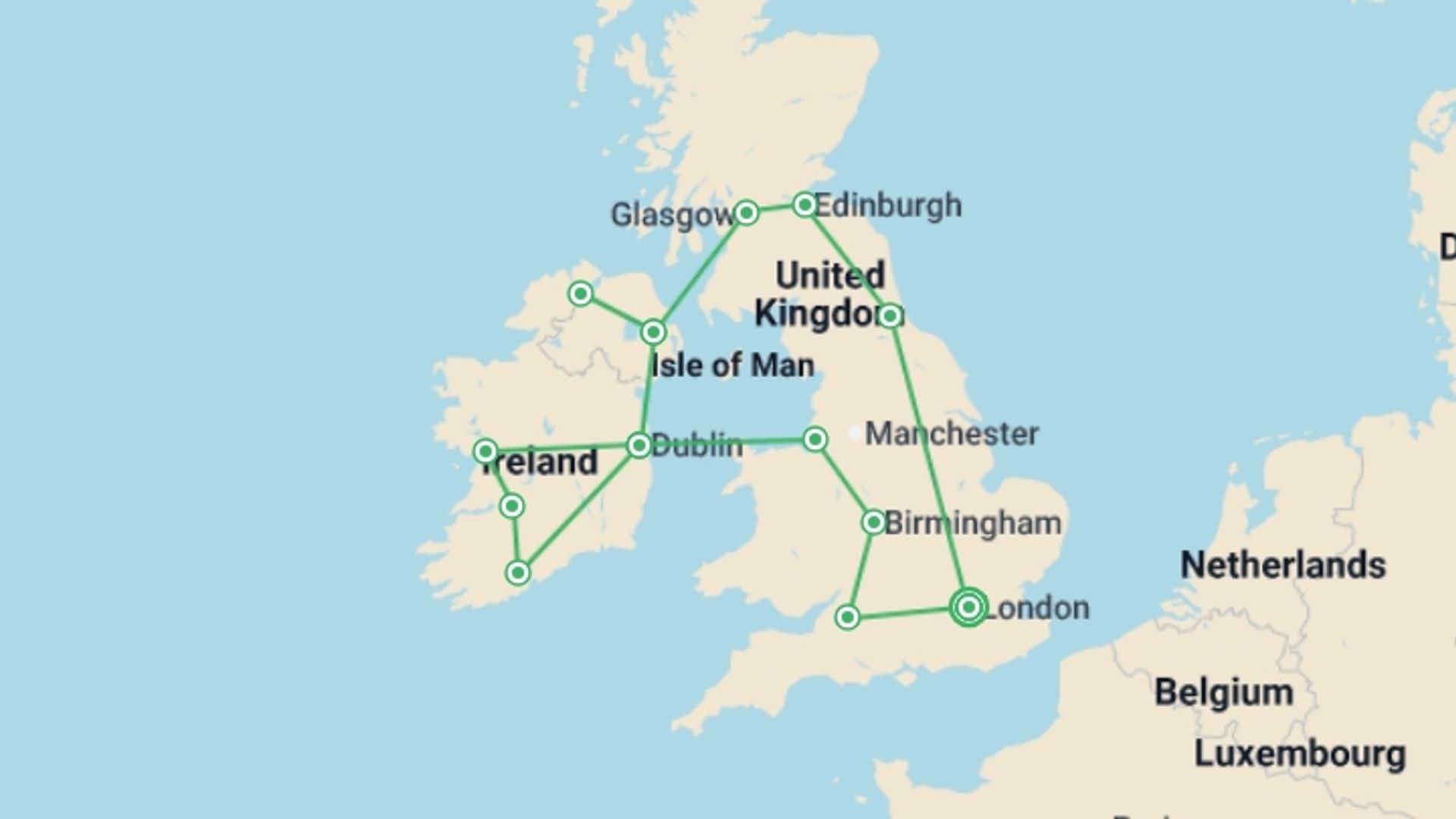 A map showing the tour itinerary for the trip: Stories and Legends: United Kingdom, Scotland, and Ireland with London, starting in London, England and ending in London, England going through 12 other destinations.
