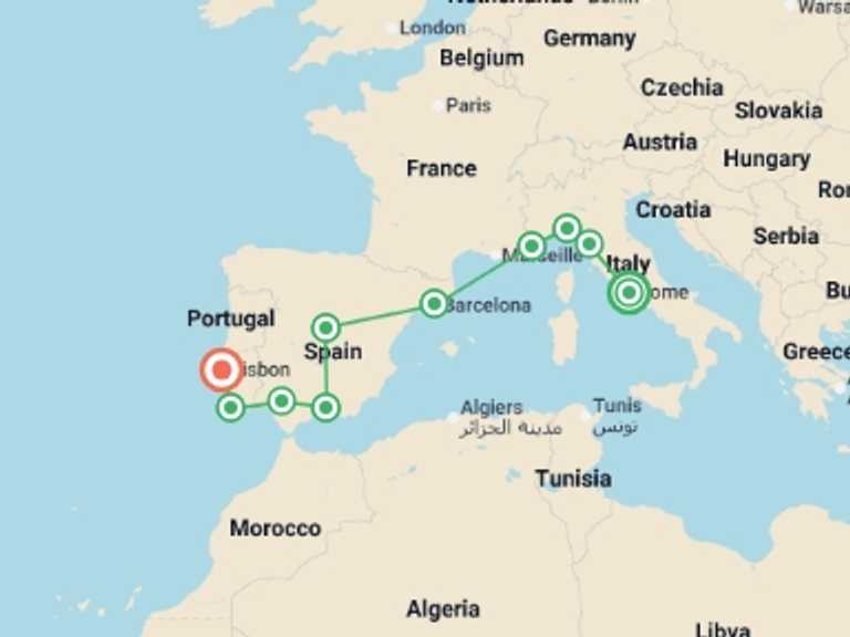 Map itinerary of Mediterranean Tour in July 2026 with 9 destination visits for the trip: Rome to Lisbon: Coasts & Countryside