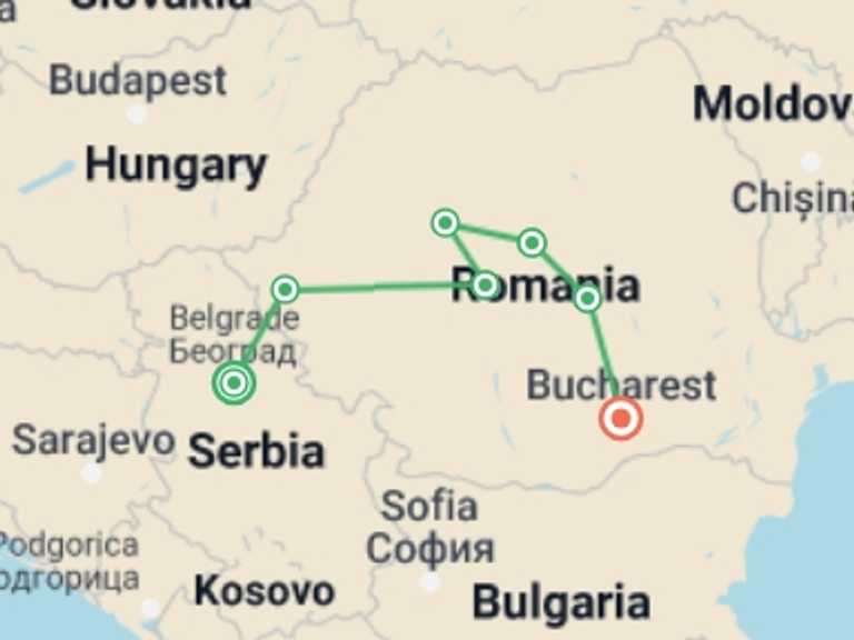 Map of a Countryside and village visits Tour with 7 destination visits for the trip: Premium Belgrade to Bucharest