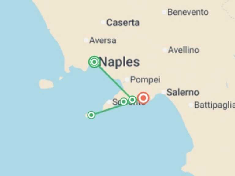 Map of Mediterranean Tour with 4 destination visits for the trip: Amalfi Coast: Hike & Kayak