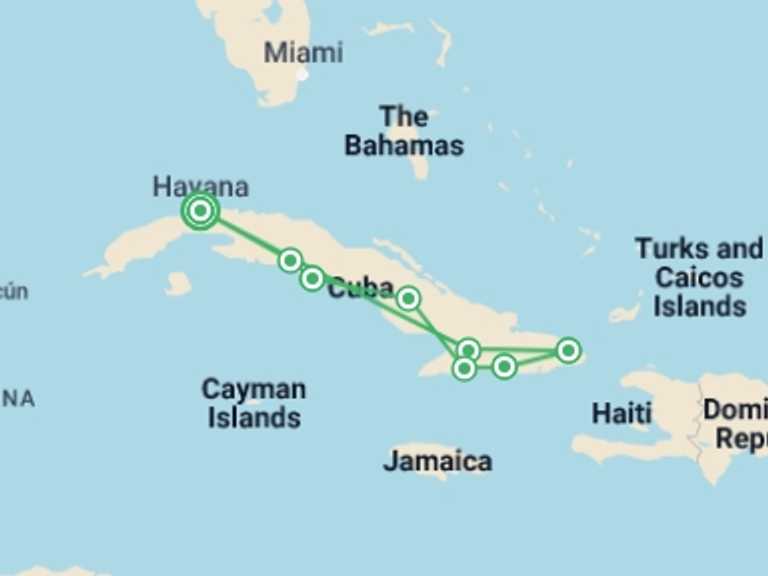 Map of Havana Cultural, religious and historic sites Tour with 9 destination visits for the trip: Cuba: La Isla Grande