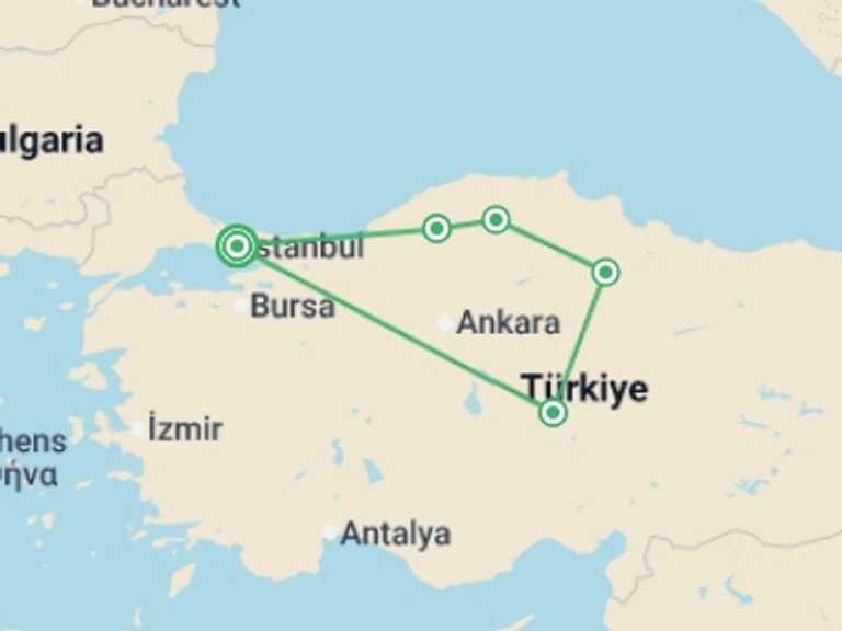 Map of Cappadocia Tour with 5 destination visits for the trip: Pearl of Hattusa and Black Sea