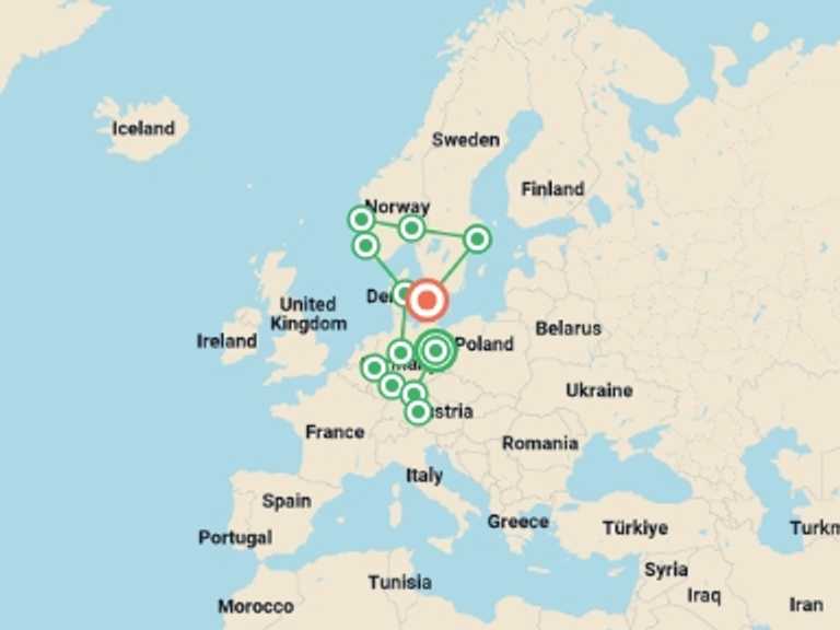 Map itinerary of Scandinavia Tour in October 2025 with 12 destination visits for the trip: Treasures of Germany and Scandinavia