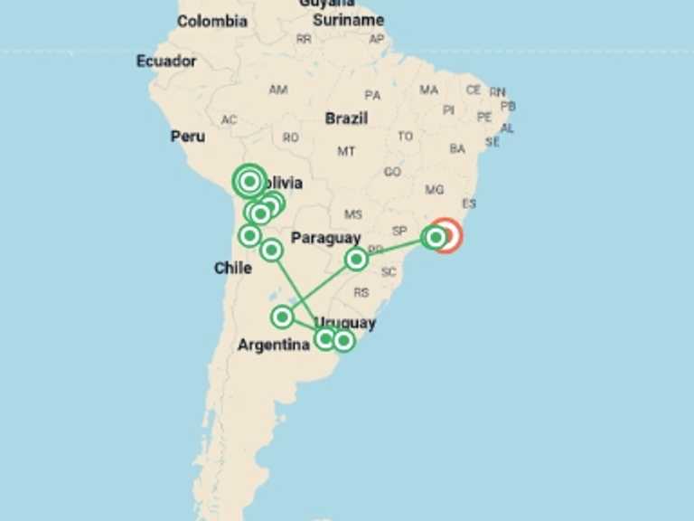Map itinerary of South America Tour in November 2026 with 15 destination visits for the trip: Bolivia to Brazil: Highlands & Coastlines