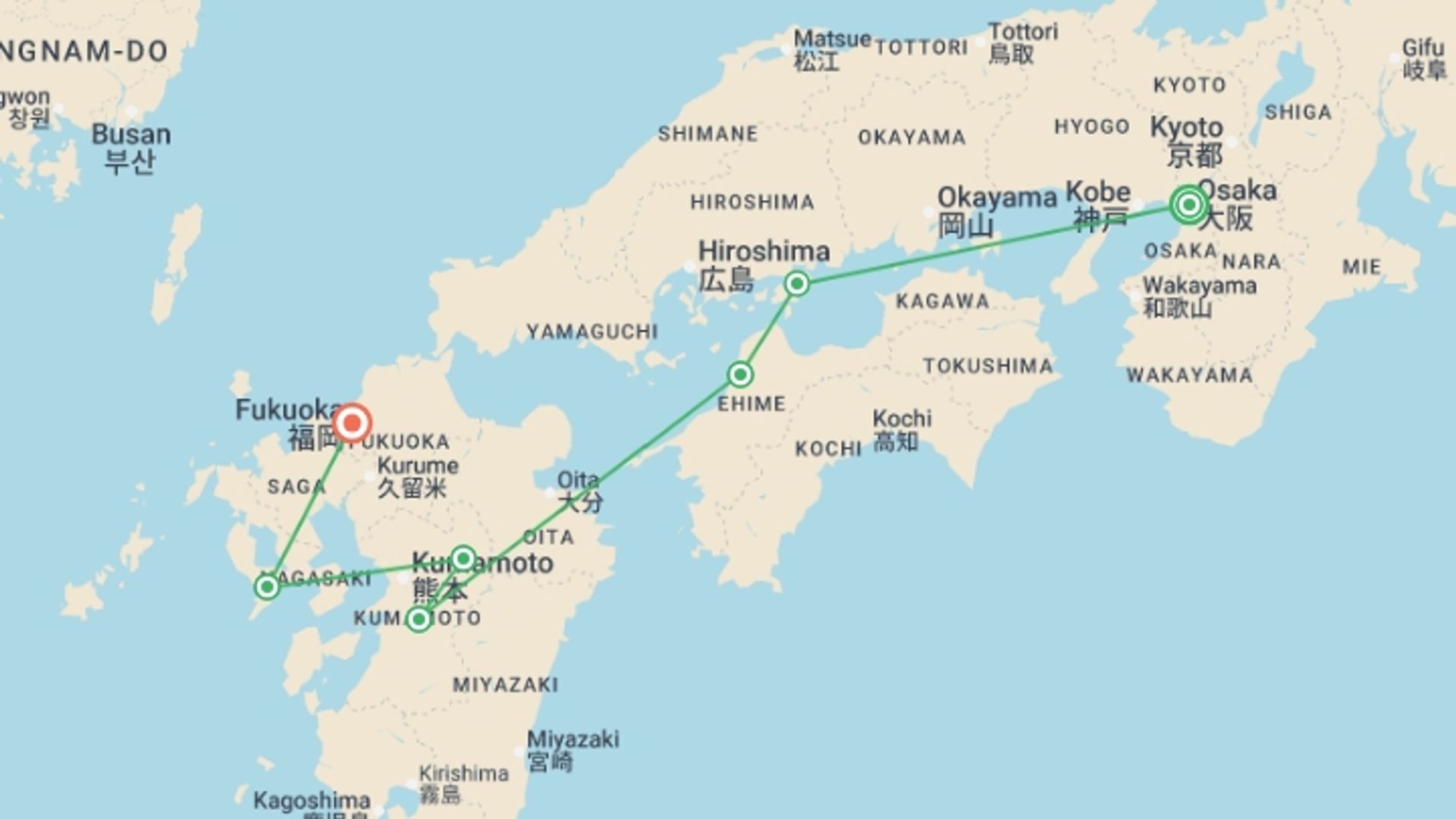 A map showing the tour itinerary for the trip: Japan Adventure: Kyushu & Shikoku, starting in Osaka, Japan and ending in Fukuoka, Japan going through 5 other destinations.