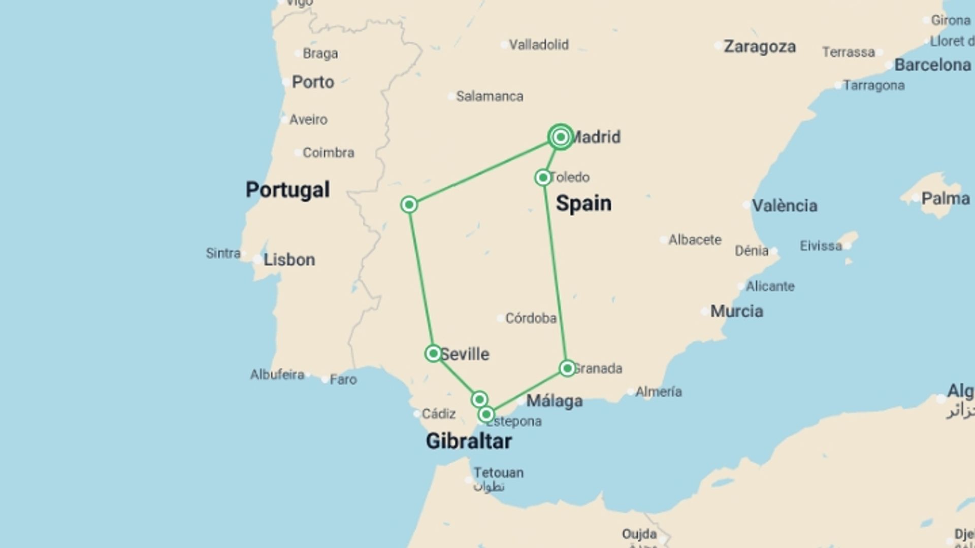 A map showing the tour itinerary for the trip: 5-day Andalusia Tour With Toledo From Madrid (c-450), starting in Madrid, Spain and ending in Madrid, Spain going through 3 other destinations.