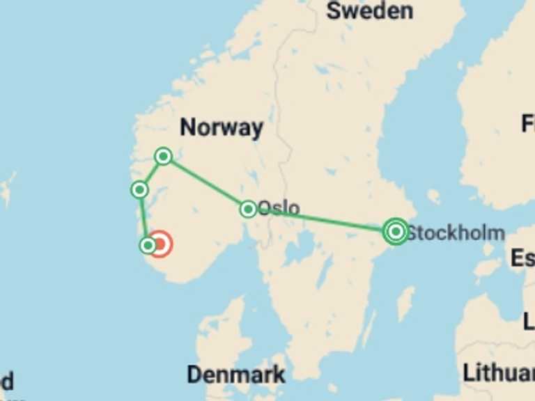 Map of Europe Tour with 6 destination visits for the trip: Magic of the Fjords Stockholm to Stavanger - 11 days