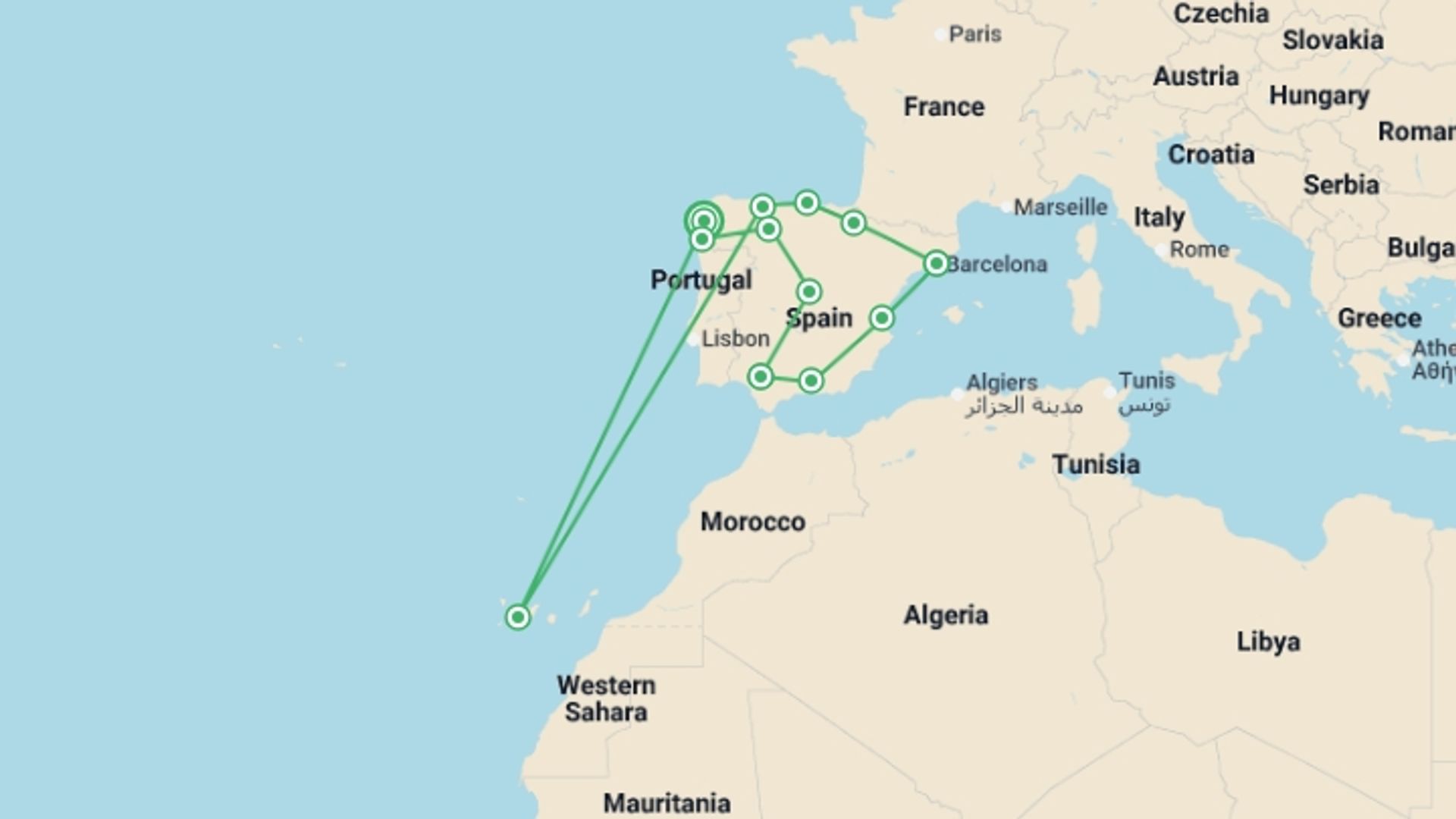 A map showing the tour itinerary for the trip: Highlights of Spain From Santiago - 14 days, starting in Santiago De Compostela, Spain and ending in Santiago De Compostela, Spain going through 11 other destinations.