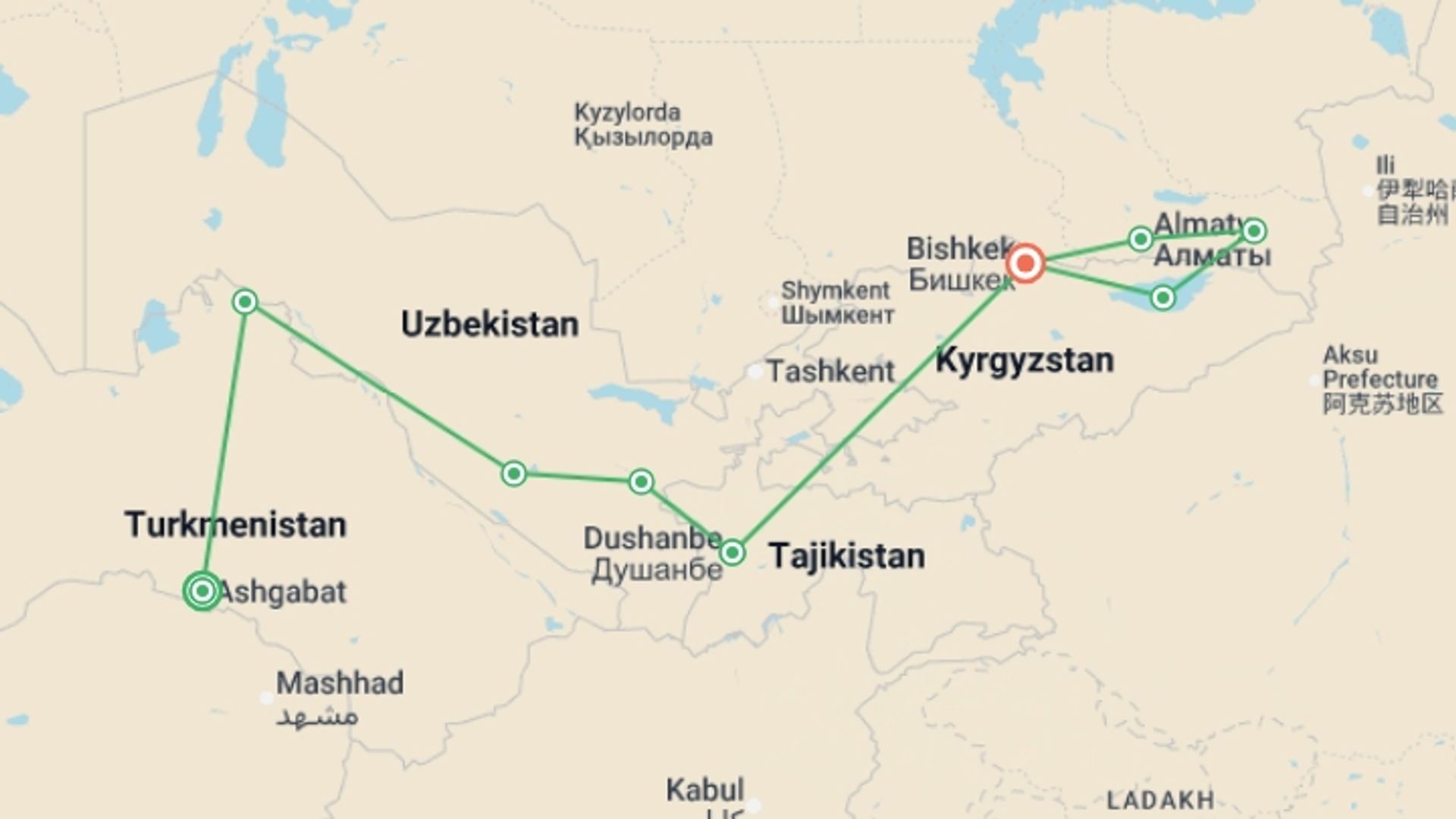 A map showing the tour itinerary for the trip: Ashgabat To Bishkek (46 Days) Silk Road Highlights, starting in Ashgabat, Turkmenistan and ending in Bishkek, Kyrgyzstan going through 6 other destinations.