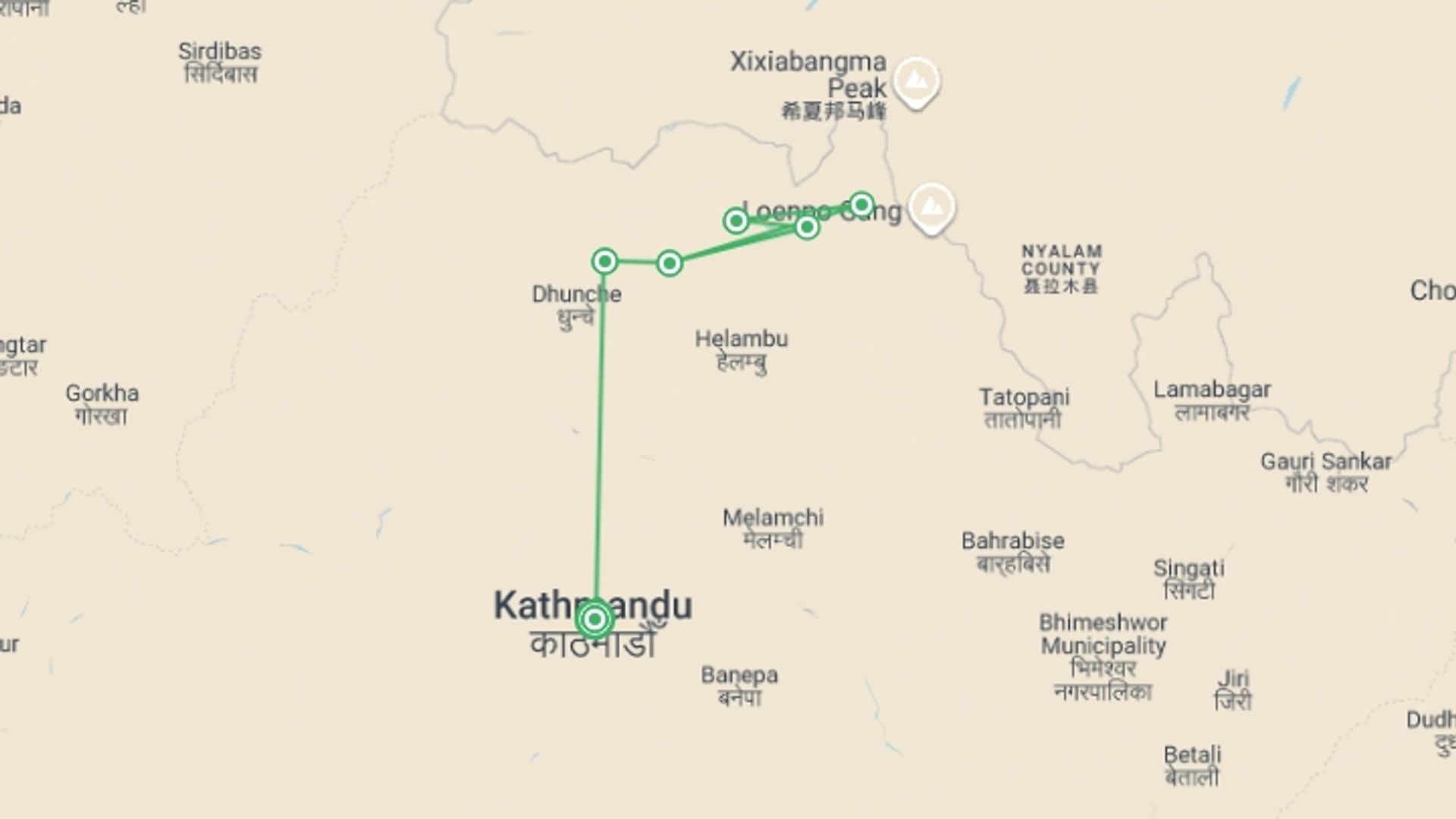 A map showing the tour itinerary for the trip: Langtang Valley Trek - 12 days, starting in Kathmandu, Nepal and ending in Kathmandu, Nepal going through 5 other destinations.