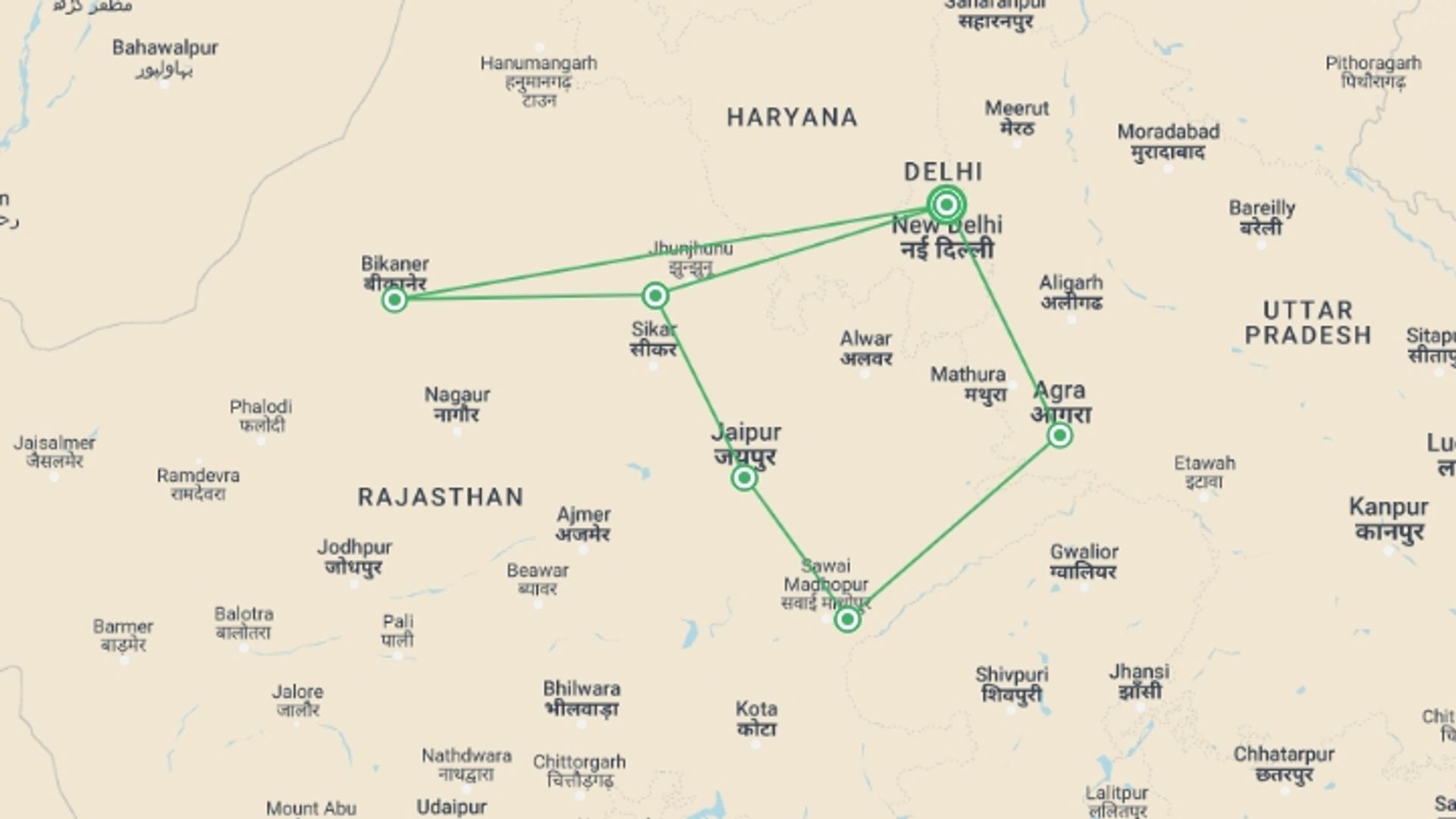 A map showing the tour itinerary for the trip: Northern India Family Holiday Comfort, starting in New Delhi, India and ending in New Delhi, India going through 5 other destinations.