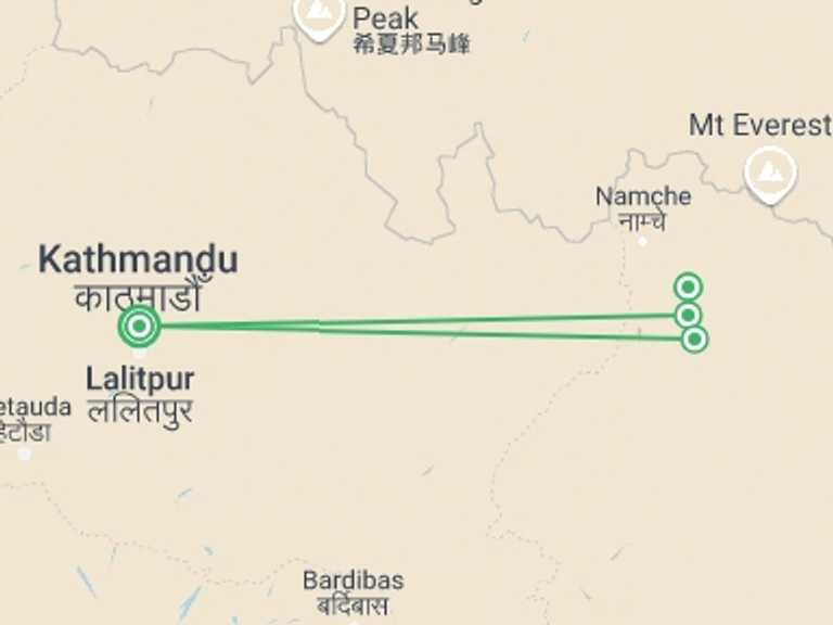 Map itinerary of Nepal Tour in Winter with 5 destination visits for the trip: Everest View Trek