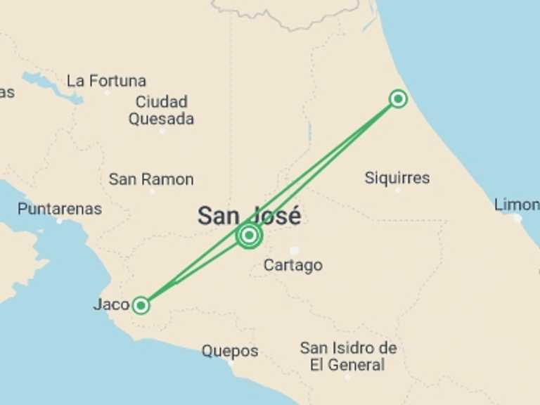 Map of San Jose Wildlife safaris and game drives Tour with 2 destination visits for the trip: Explore Tortuguero: The Amazon of Costa Rica 