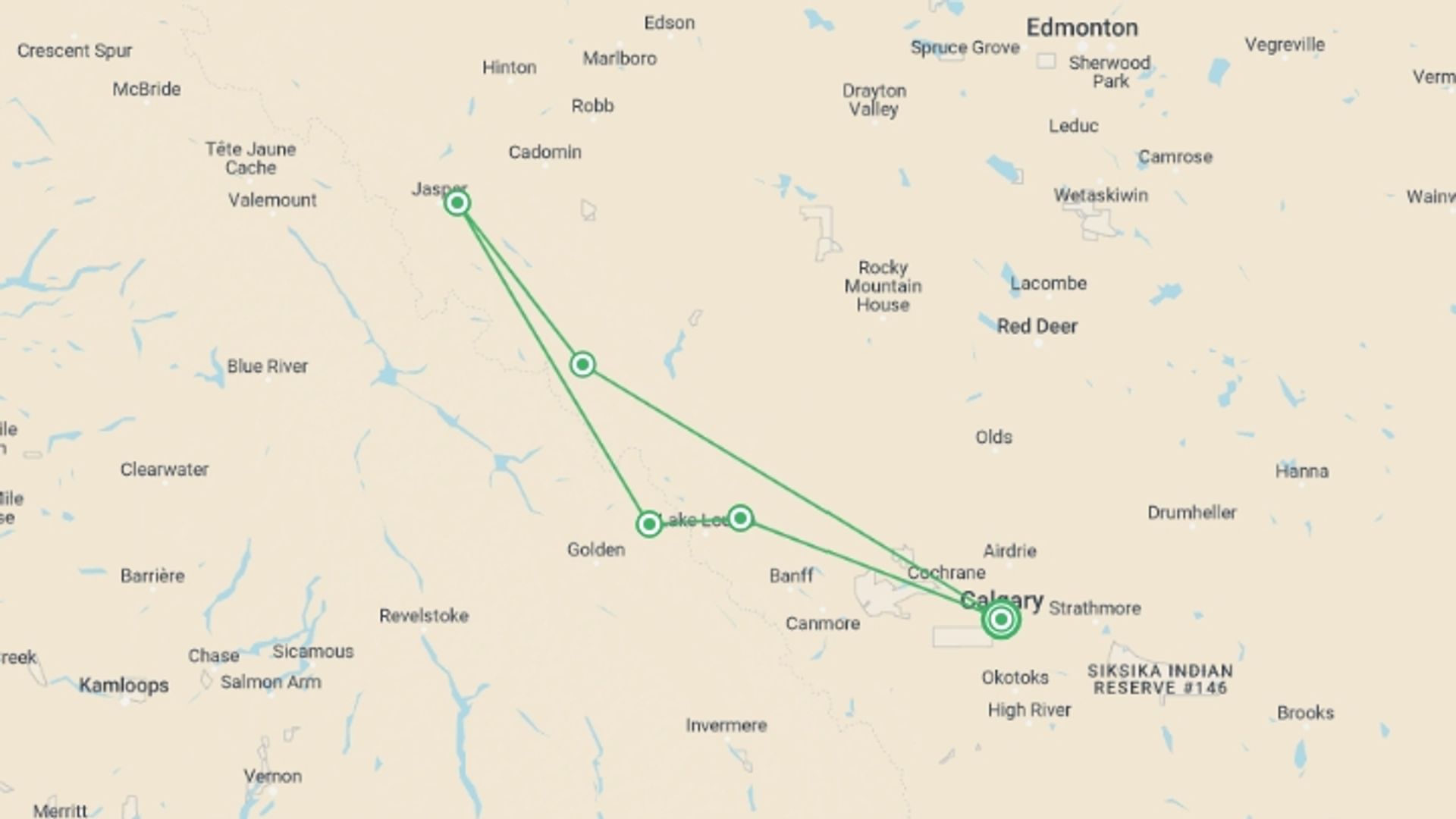 A map showing the tour itinerary for the trip: Hiking in the Canadian Rockies, starting in Calgary, Canada and ending in Calgary, Canada going through 4 other destinations.