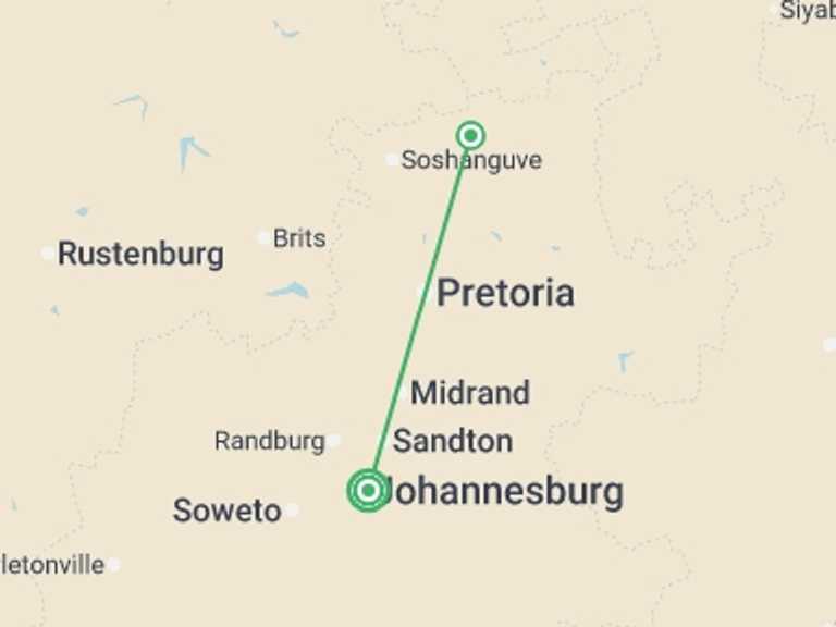 Map itinerary of Johannesburg Tour in Fall with 2 destination visits for the trip: Joburg Bush Voluntour 17D/16N