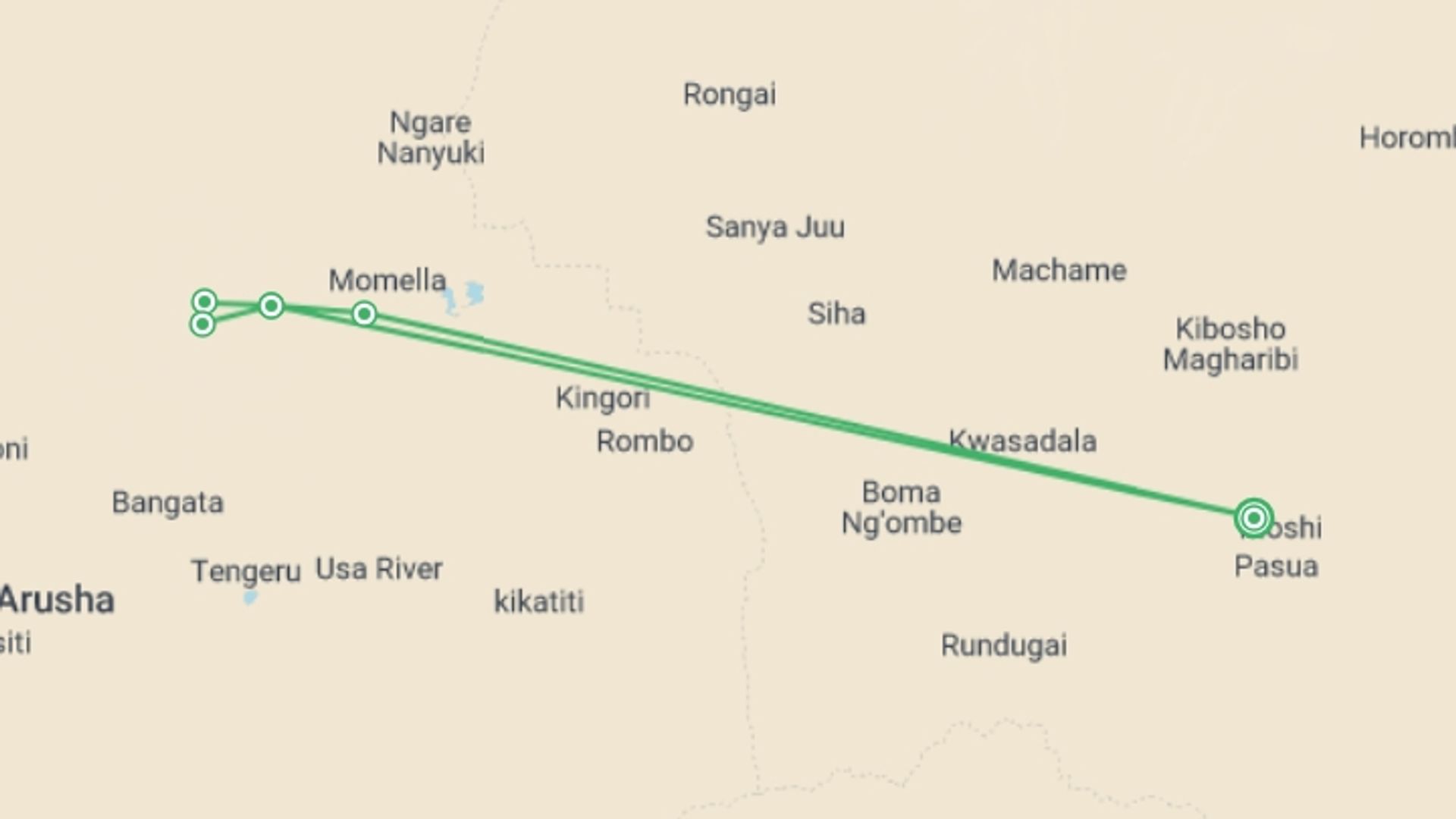 A map showing the tour itinerary for the trip: 03 - Days Mount Meru Trek , starting in Moshi, Tanzania and ending in Moshi, Tanzania going through 3 other destinations.