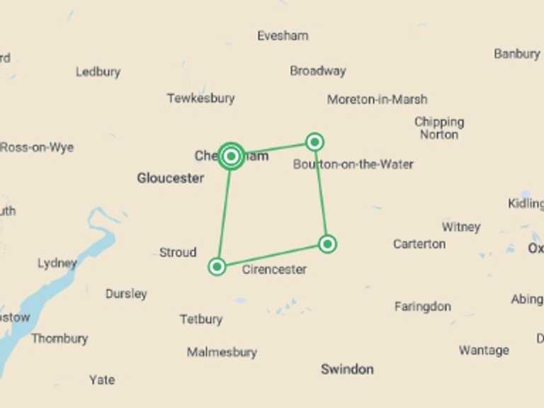 Map of Europe Explorer Tour with 4 destination visits for the trip: Cotswolds by Bike