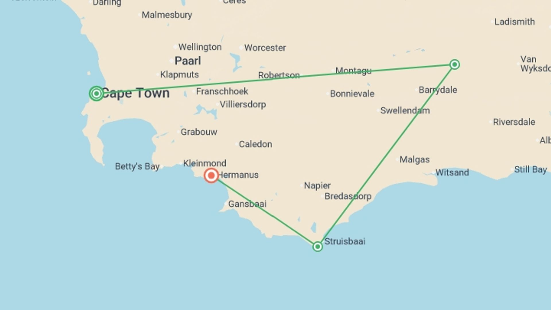 A map showing the tour itinerary for the trip: Signature South Africa | Winelands & Wild Shores, starting in Cape Town, South Africa and ending in Hermanus, South Africa going through 2 other destinations.