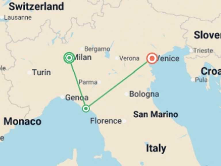 Map of Europe Tour with 3 destination visits for the trip: Milan, Liguria & Venice - 8 days