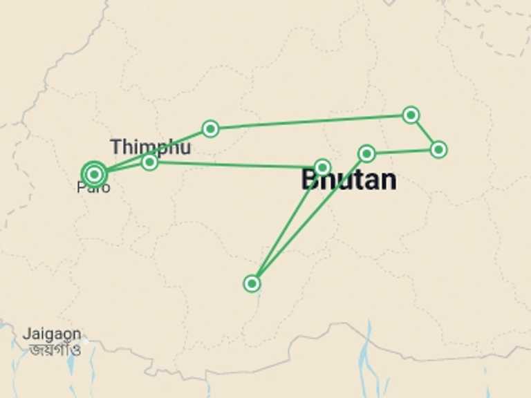 Map itinerary of Thimphu Tour in June 2026 with 8 destination visits for the trip: Camp the Trans Bhutan Trail