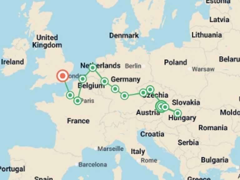 Map of 14-Day Vienna Tour with 8 destination visits for the trip: From East to West with London