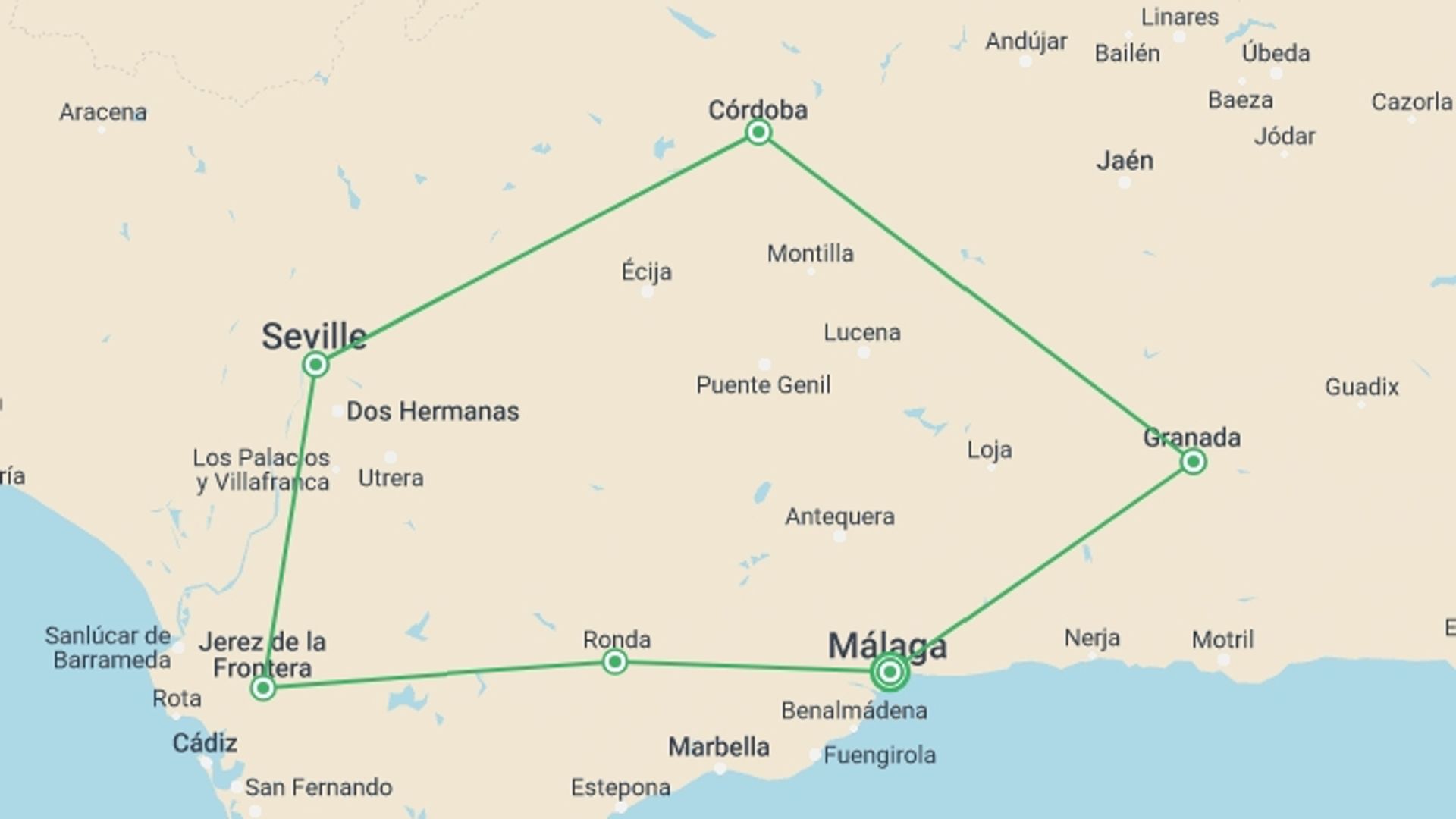 A map showing the tour itinerary for the trip: Heart Of Andalusia 11 Days, Self-drive, starting in Malaga, Spain and ending in Malaga, Spain going through 5 other destinations.
