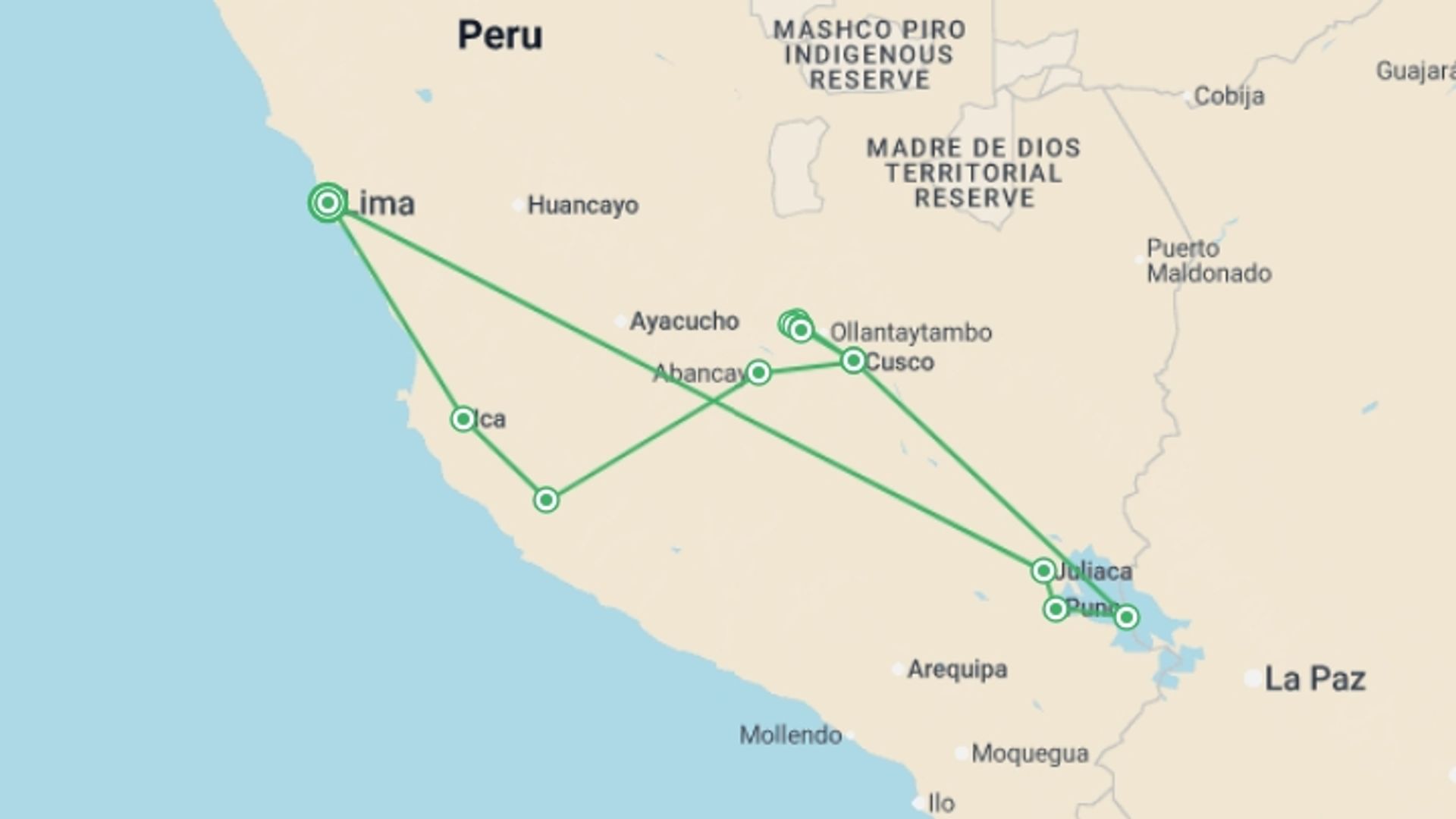 A map showing the tour itinerary for the trip: Inca Trail, Titicaca & Nazca, starting in Lima, Peru and ending in Lima, Peru going through 12 other destinations.